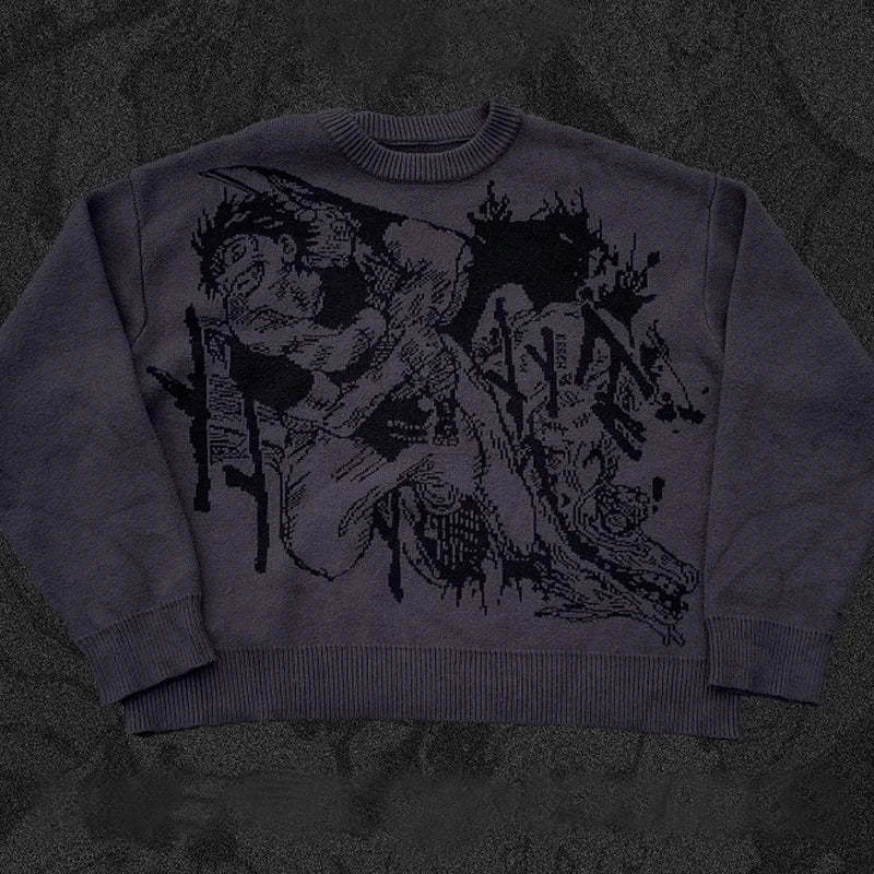 The Premium Geto Suguru-Inspired Knit Sweater by Jujutsu Kaisen features a dark gray jacquard design with dynamic figures and expressive gestures, embodying bold lines and shading for a striking contrast on textured fabric.