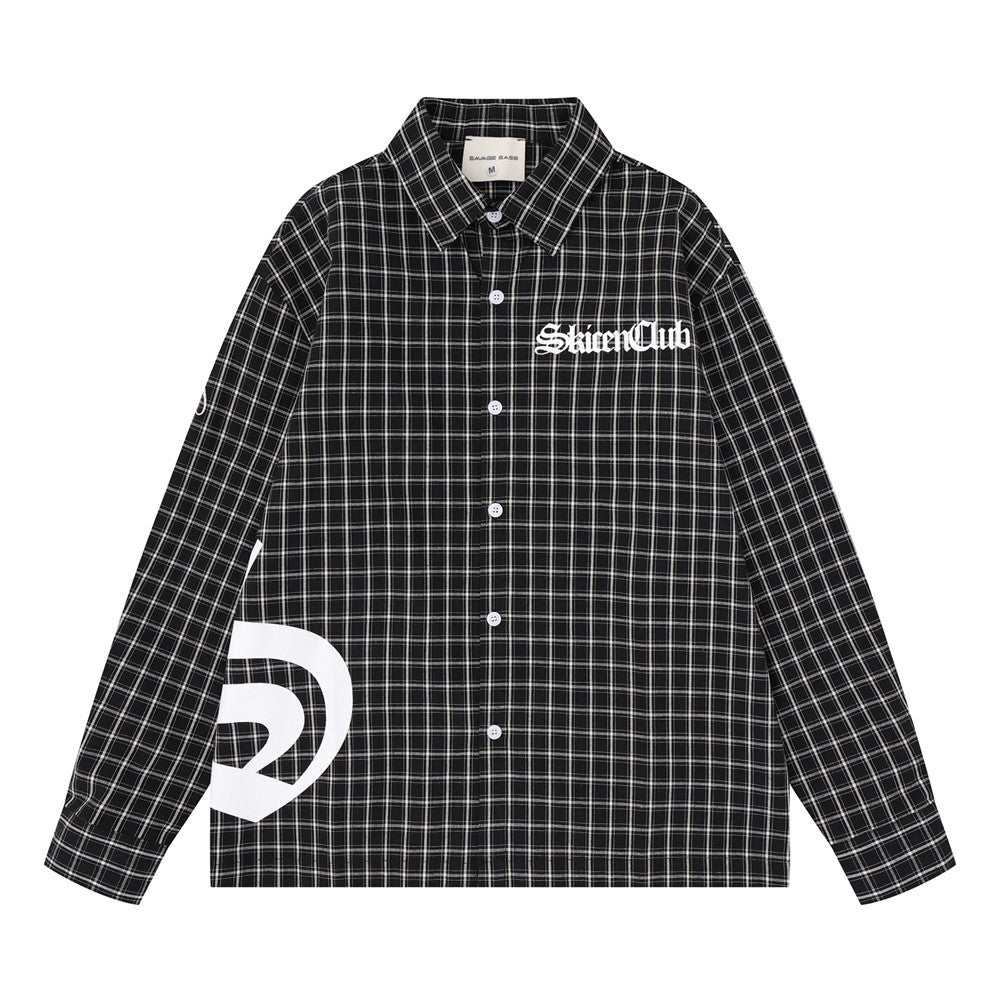 Black plaid long sleeve shirt front view with white Gothic logo print on chest and hem