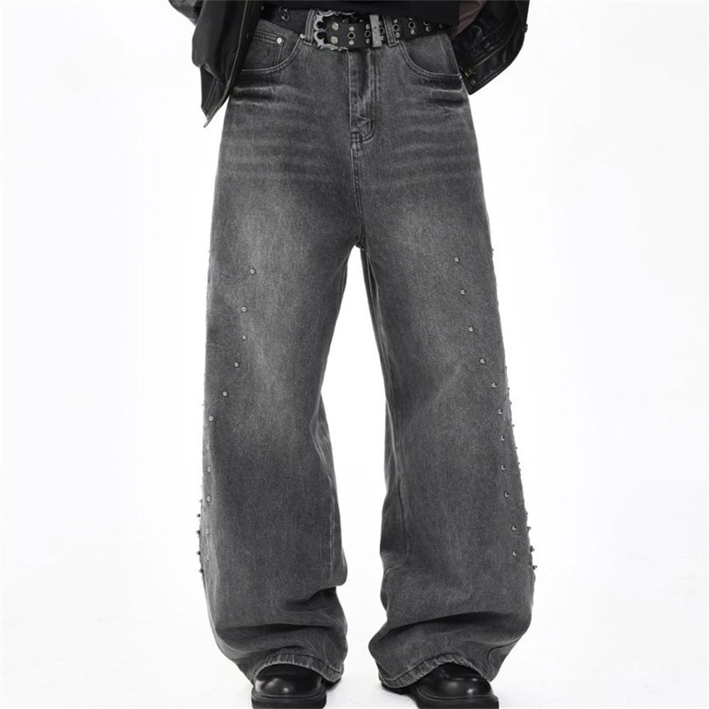 Men's Baggy Wide-Leg Jeans – Studded & Embroidered Washed Denim