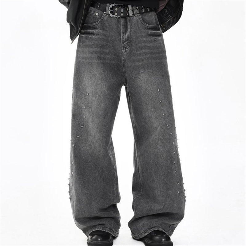Men's Baggy Wide-Leg Jeans – Studded & Embroidered Washed Denim