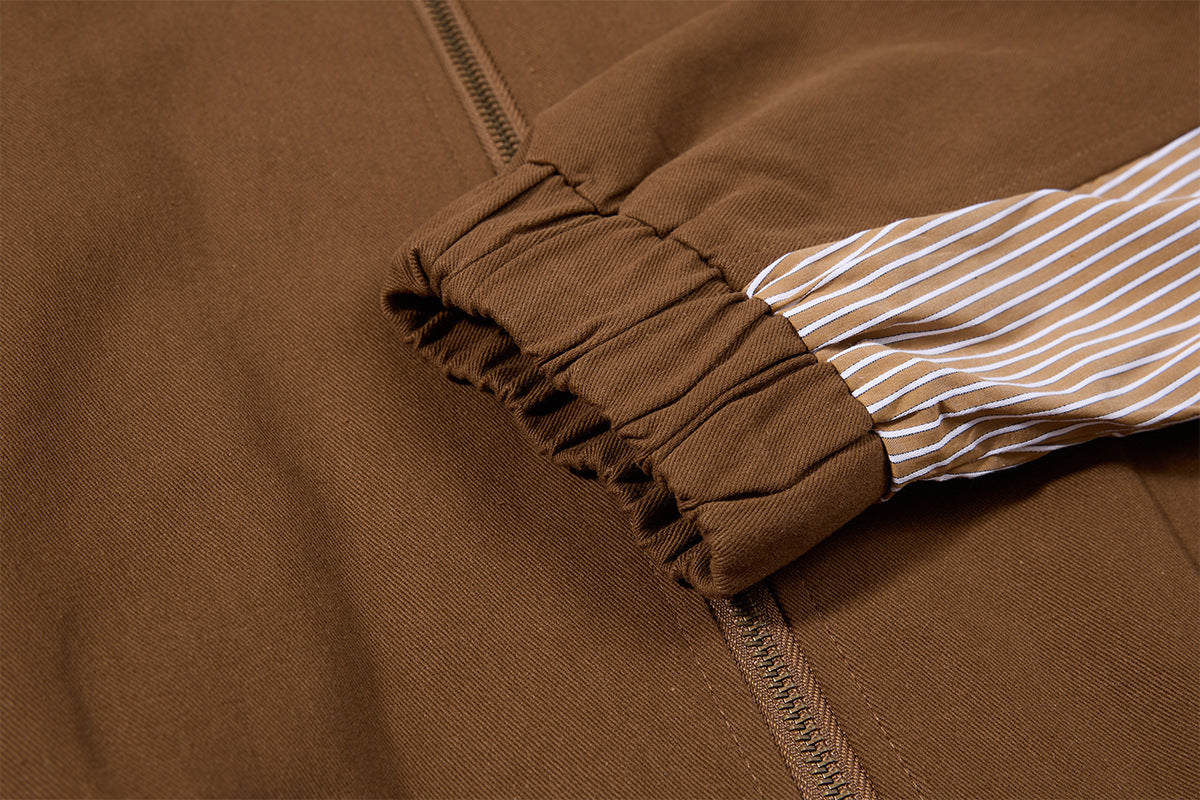 Retro Colorblock-Zip-Jacke – Bomberjacke in Braun mit gestreiftem Einsatz
