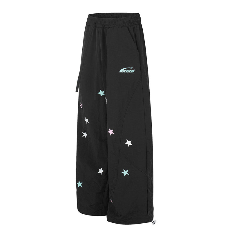 Star Print Wide Leg Parachute Pants – Drawstring Baggy Track Trousers