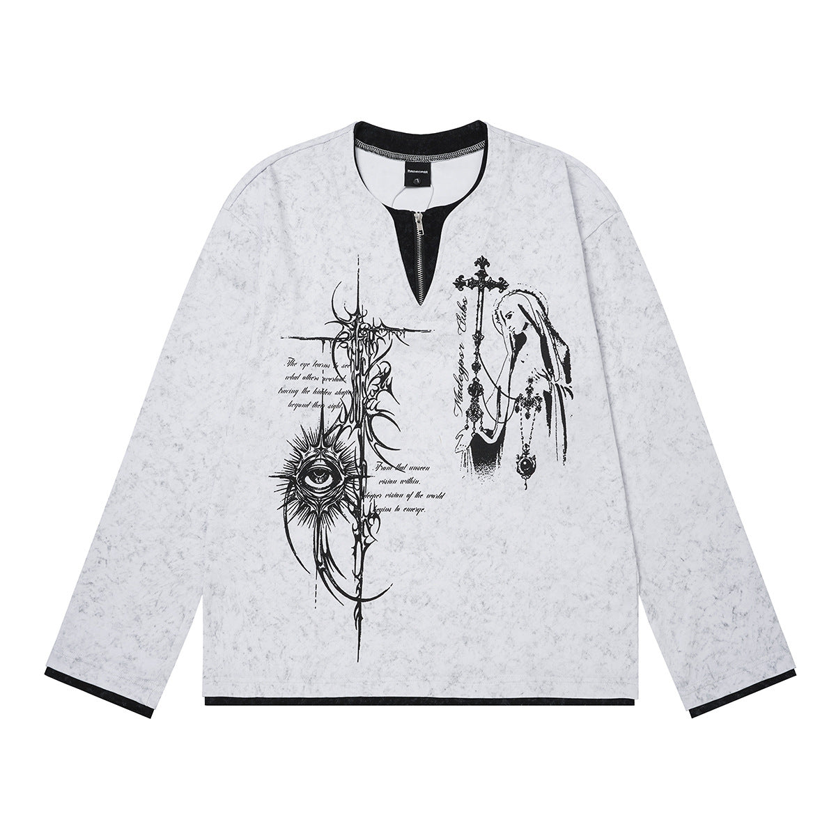 Gothic Graphic Long Sleeve Shirt – Oversized Religious Print, Zip Neckline