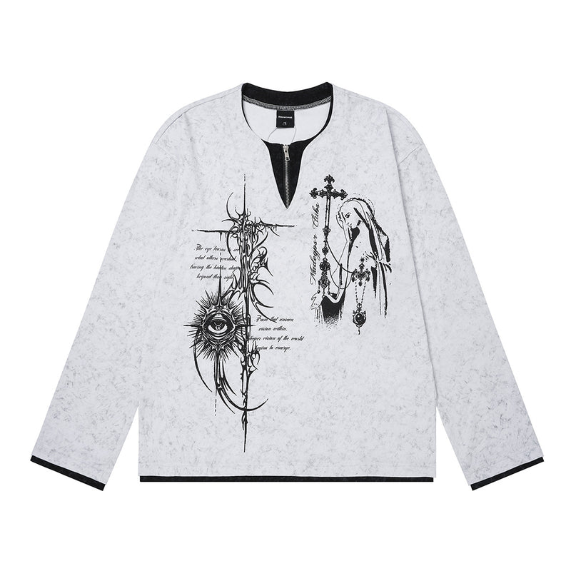 Gothic Graphic Long Sleeve Shirt – Oversized Religious Print, Zip Neckline