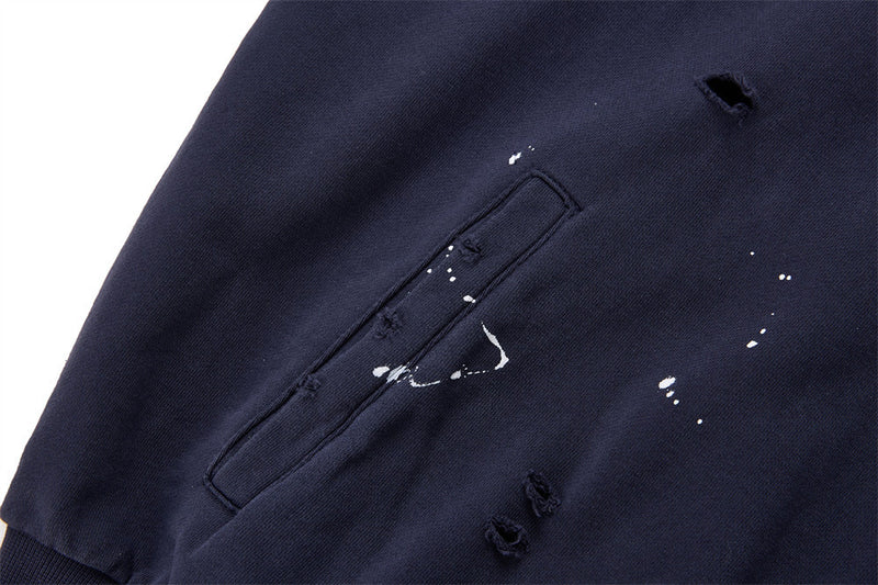 Oversized Zip-Up Hoodie Men — Distressed Heraldic Embroidery, Cropped Bomber Fit
