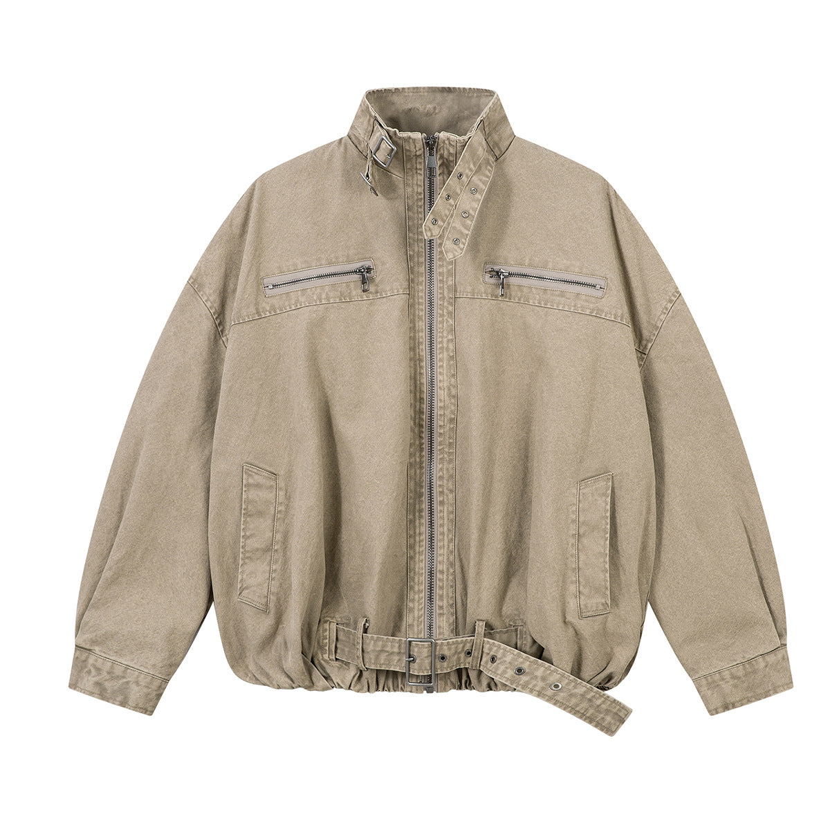 Oversized Washed Denim Jacket – Boxy Belted Hem, Acid-Wash Workwear Style