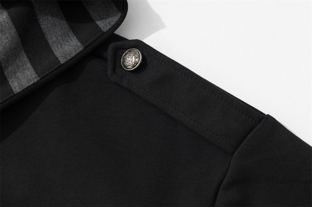 Veste sweat à capuche militaire gothique avec manches rayées et boutons croisés