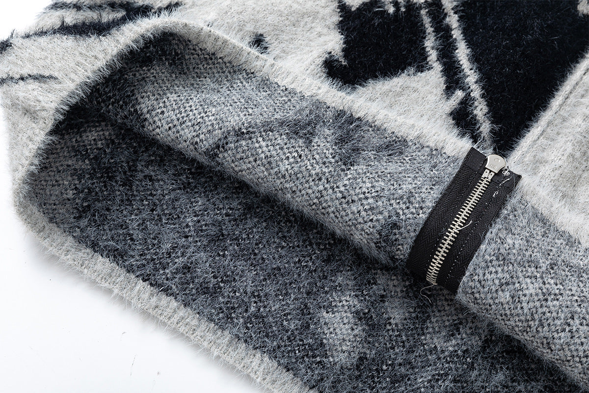 Veste-pull zippée en maille à imprimé abstrait – cardigan gris effet fourrure