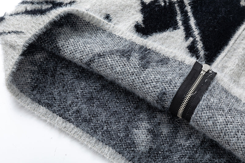 Veste-pull zippée en maille à imprimé abstrait – cardigan gris effet fourrure