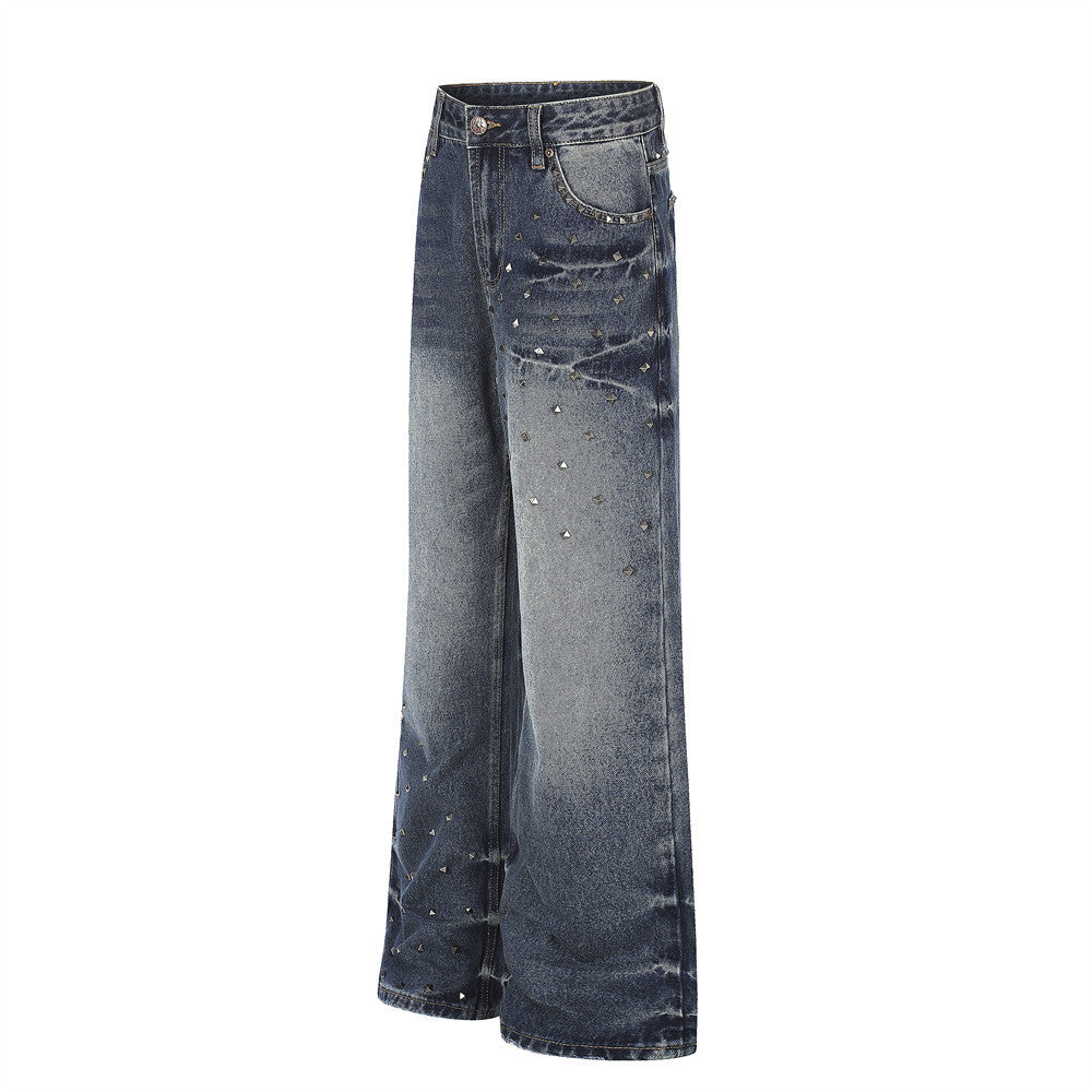 Men's Vintage Wash Wide-Leg Jeans with Metal Pyramid Studs – Retro Blue