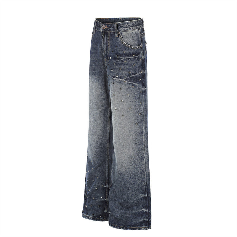 Men's Vintage Wash Wide-Leg Jeans with Metal Pyramid Studs – Retro Blue