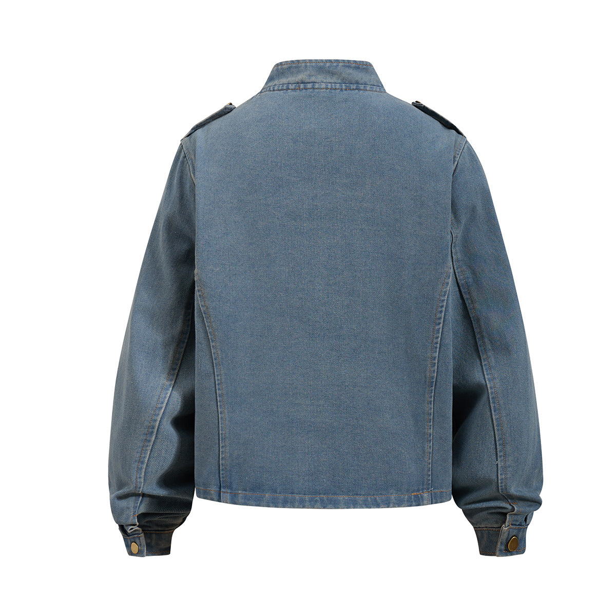 Military-Style Washed Denim Jacket – Stand Collar, Double-Breasted Button Detail