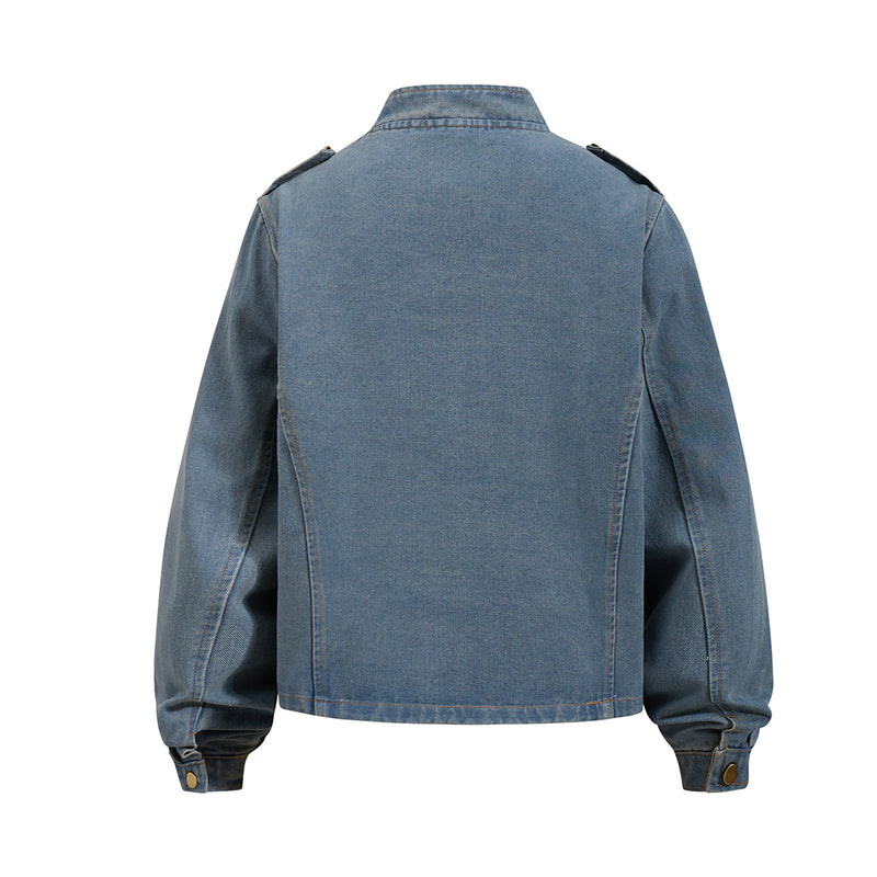 Military-Style Washed Denim Jacket – Stand Collar, Double-Breasted Button Detail