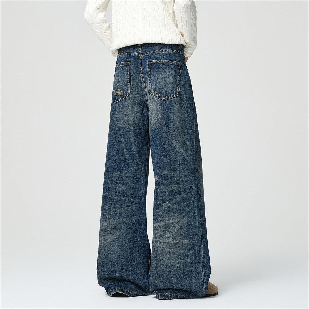 Wide-Leg Distressed Baggy Jeans – Men's Washed Vintage Straight-Cut Denim