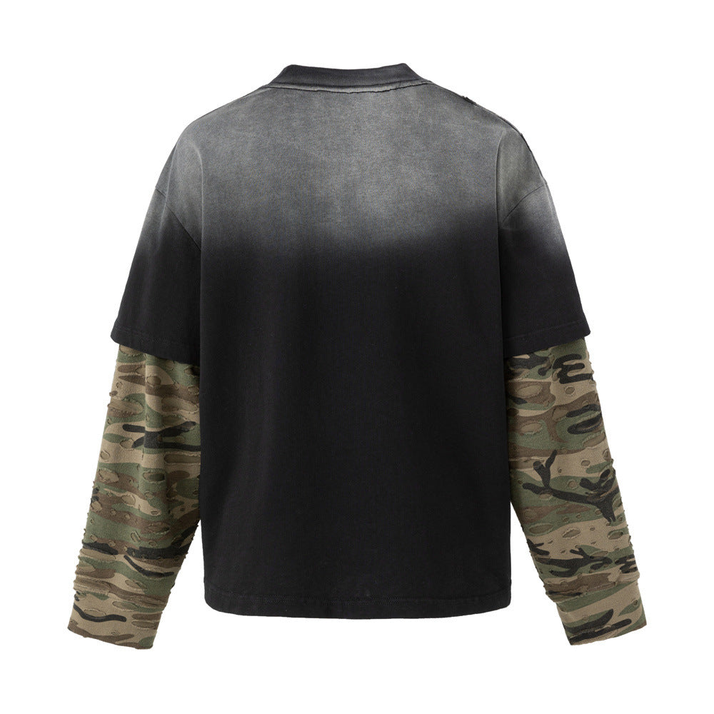Oversized Faux-Layer Long Sleeve Tee with Camo Splice & Distressed Washed Print