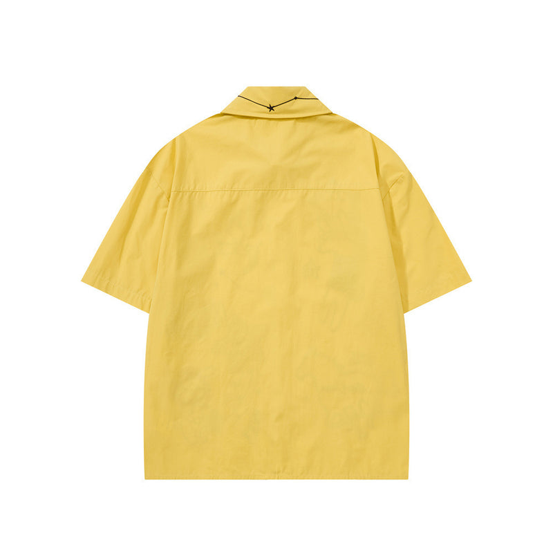 Cartoon Embroidered Short Sleeve Shirt – Oversized Streetwear Button-Up