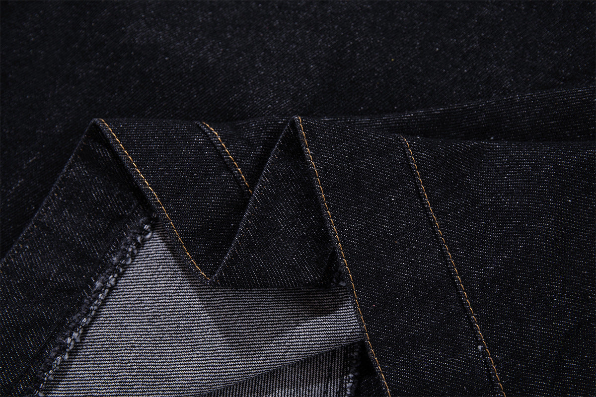 Military-Style Denim Jacket with Napoleon Stand Collar and Gold Star Buttons