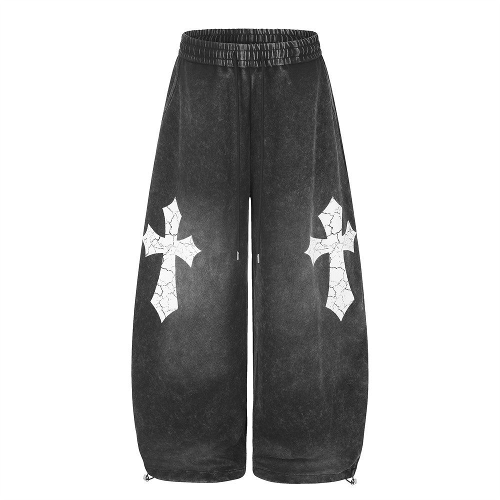 Wide-Leg-Sweathose mit Gothic-Kreuzprint – Acid-Wash-Oversize-Streetwear-Hose