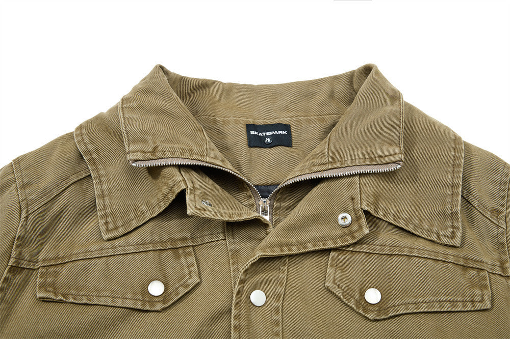 Men's Washed Denim Bomber Jacket – Oversized Fit, Double Collar & Zip Pockets