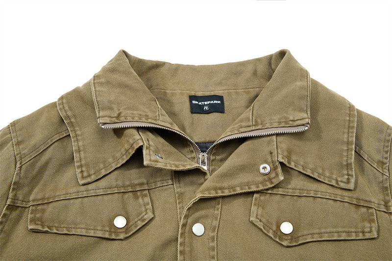 Men's Washed Denim Bomber Jacket – Oversized Fit, Double Collar & Zip Pockets
