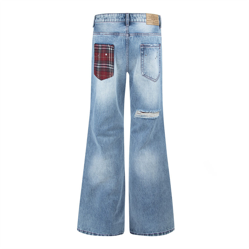 Men's Distressed Flare Jeans – Light Blue Washed Denim with Plaid Patch Detail