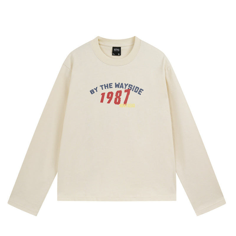 Long sleeve crew neck t-shirt with 1987 By The Wayside varsity graphic print in heather grey and cream