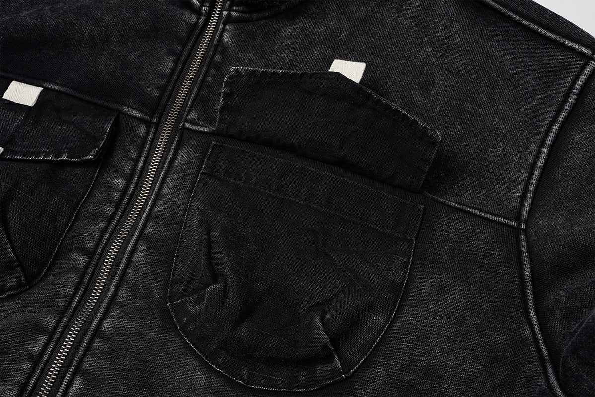 Vintage Washed Fleece-Lined Bomber Jacket – Boxy Fit Men's Zip-Up Outerwear