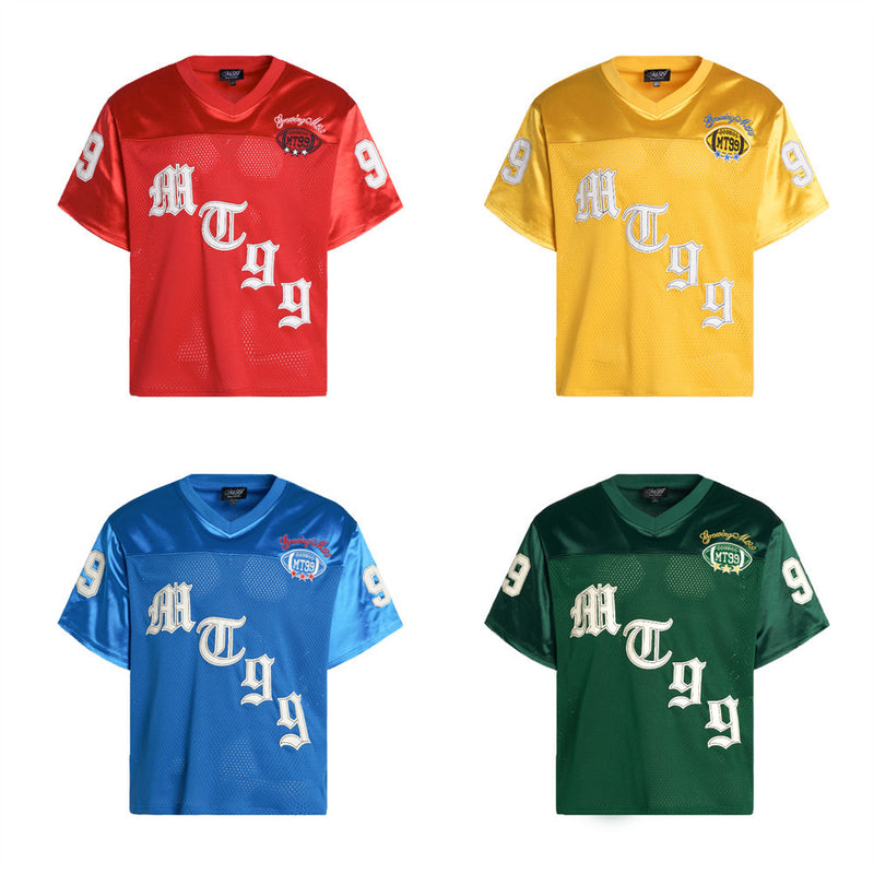 Men's V-Neck Gothic Letter Football Jersey Mesh Short-Sleeve Tee