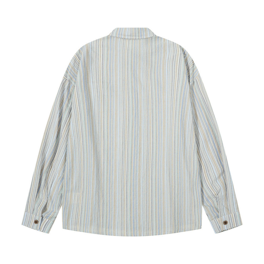 Back view of a light blue striped long sleeve button-up shirt