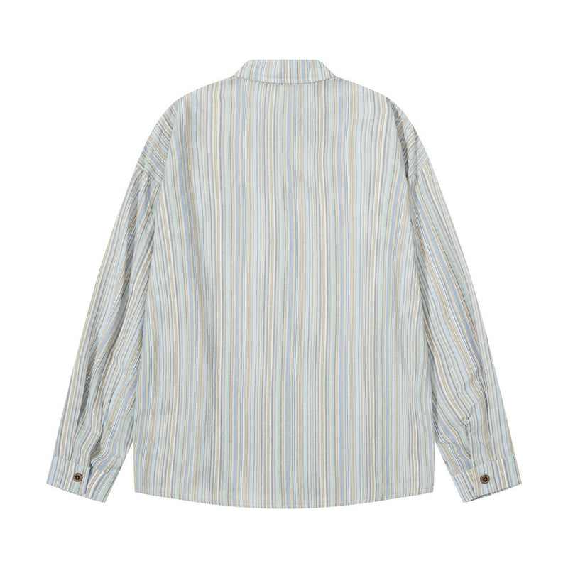 Back view of a light blue striped long sleeve button-up shirt