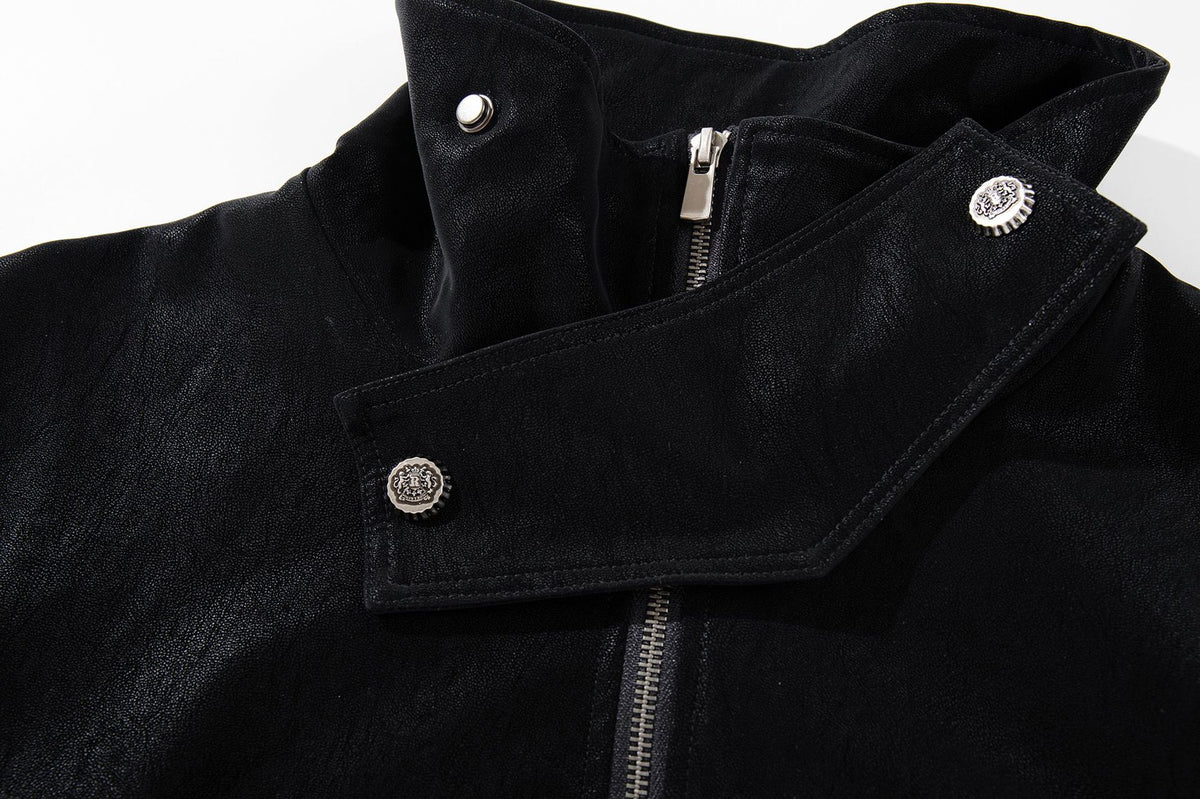 Oversized Black Leather Jacket Faux PU Bomber with High Collar