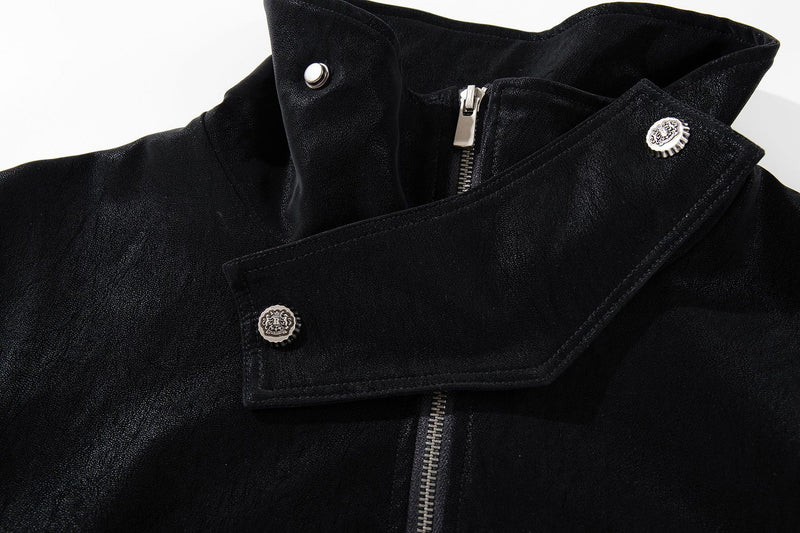 Oversized Black Leather Jacket Faux PU Bomber with High Collar