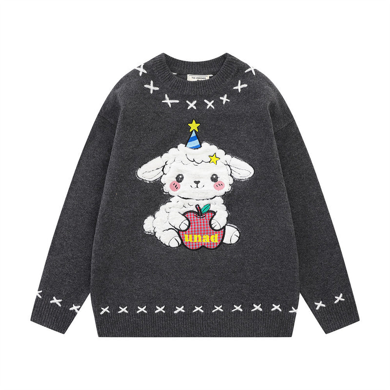 Cartoon Sheep Embroidered Crew Neck Pullover Sweater – Oversized Knit with
