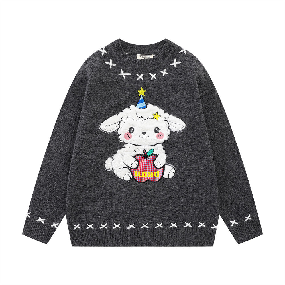Oversized crew neck pullover sweater with cartoon sheep embroidery and white cross-stitch trim in charcoal grey
