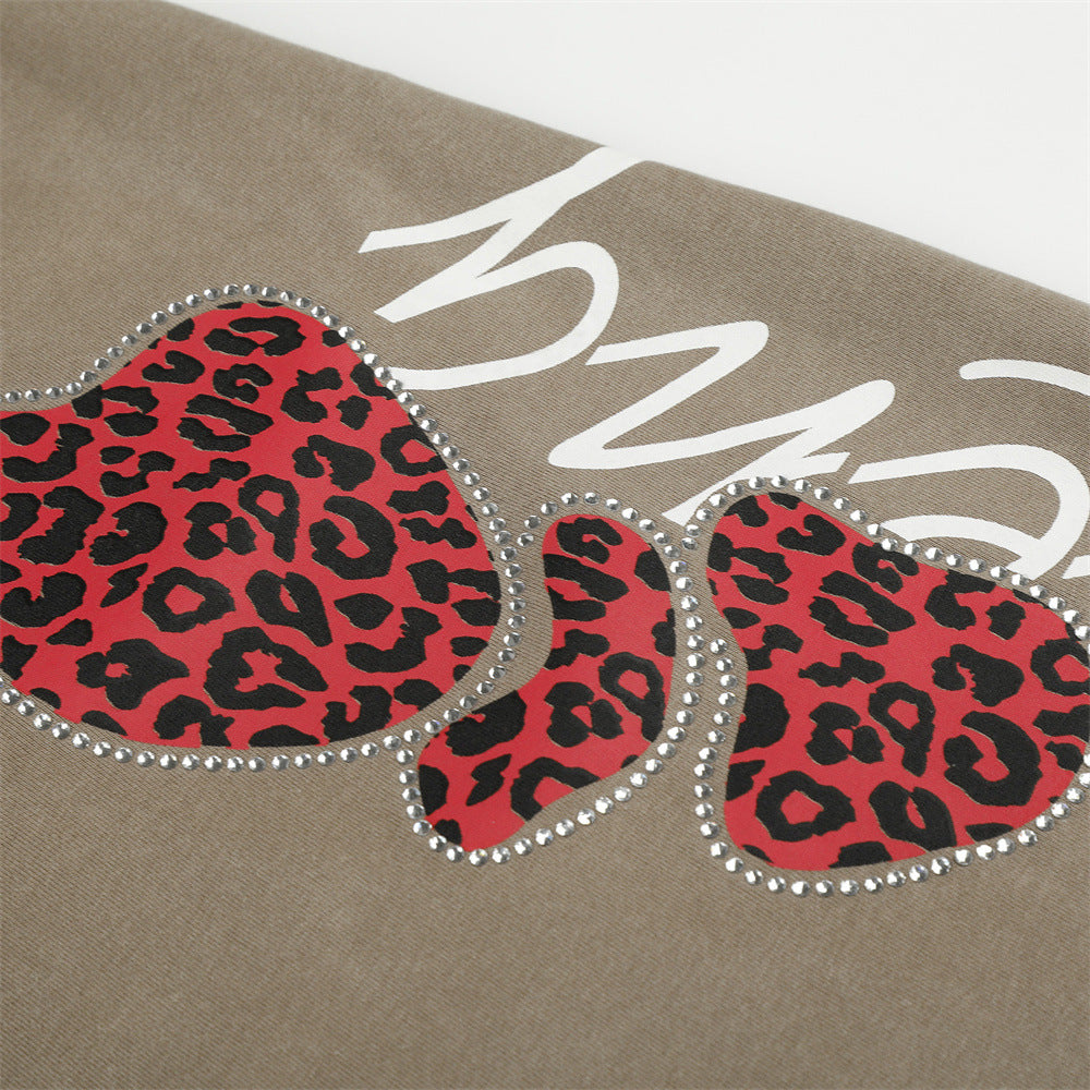 Wide-Leg Sweatpants with Leopard Print Rhinestone Hearts & Varsity Graphic
