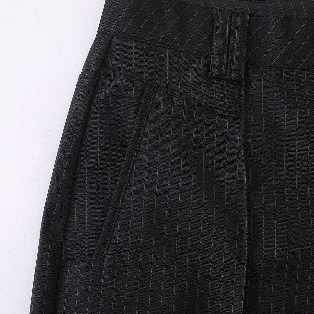 Black Pinstripe Wide-Leg Trousers – Pleated Relaxed Fit Dress Pants