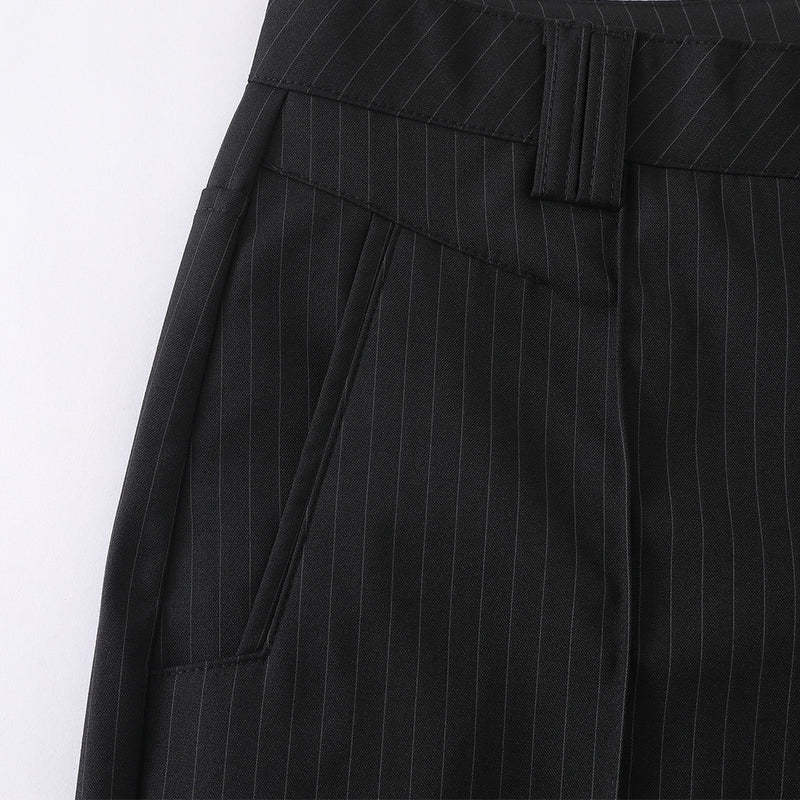 Black Pinstripe Wide-Leg Trousers – Pleated Relaxed Fit Dress Pants