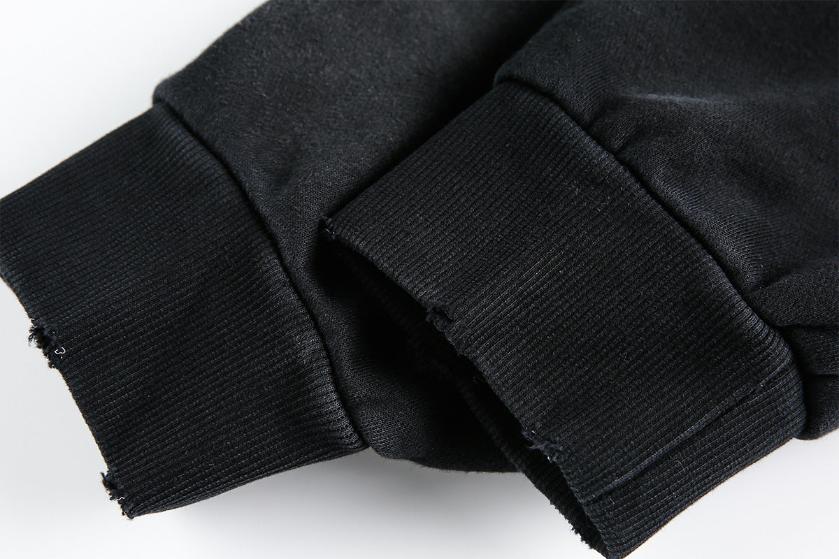 Sweat à capuche zippé délavé – Graphique vintage usé, style street américain