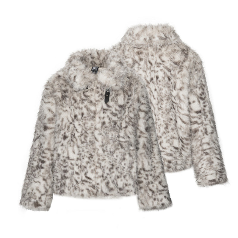 Faux Fur Leopard Print Jacket – Grey Snow Leopard Short Coat