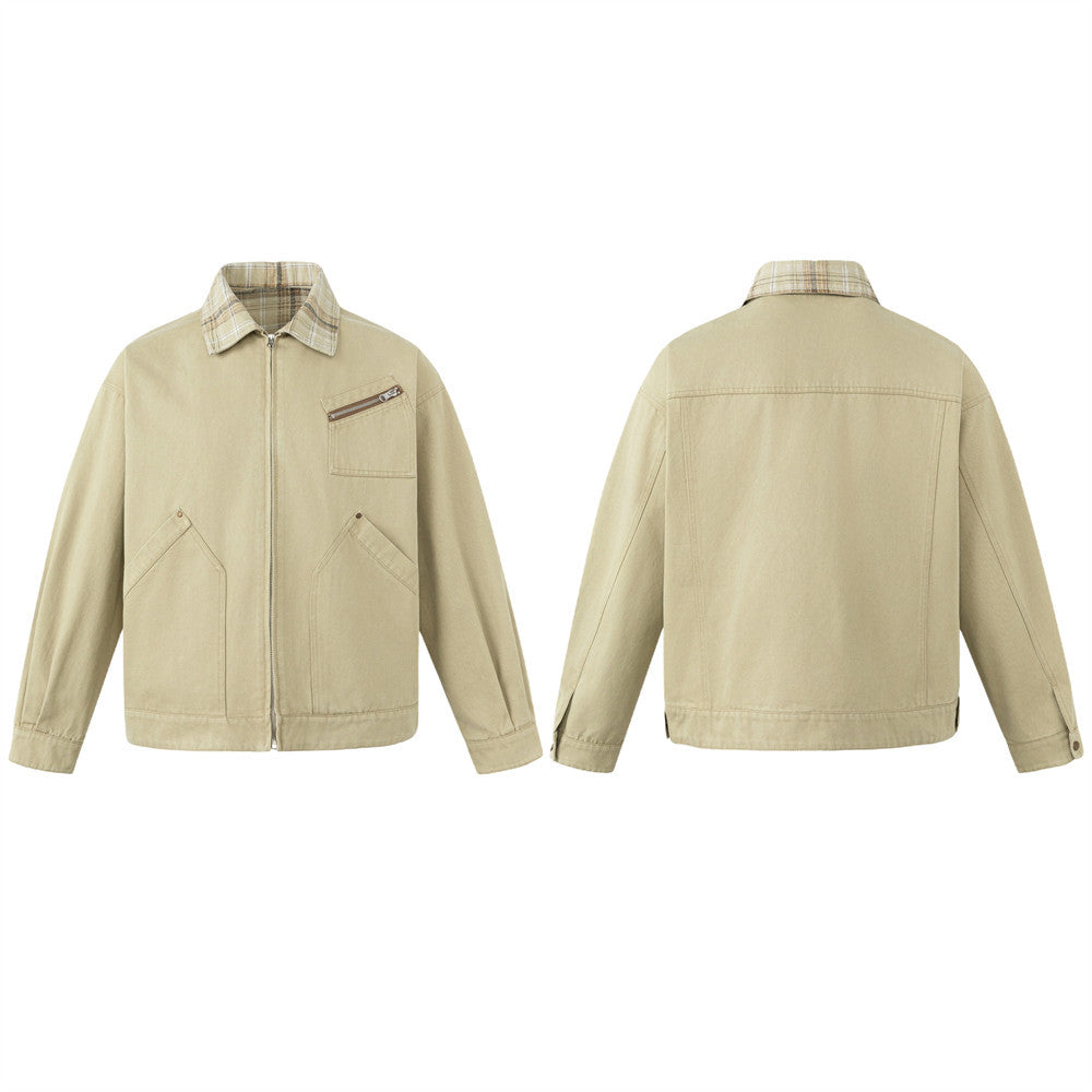 Men's relaxed-fit khaki workwear jacket with contrast plaid collar, chest zip pocket, and angled front pockets – front and ba
