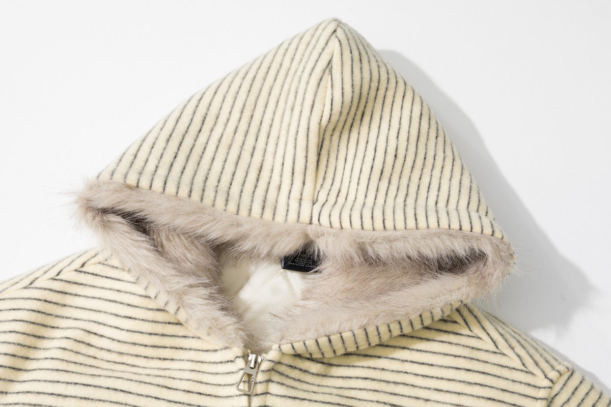 Striped Faux-Fur Hooded Zip-Up Bomber Jacket with Military Button Placket