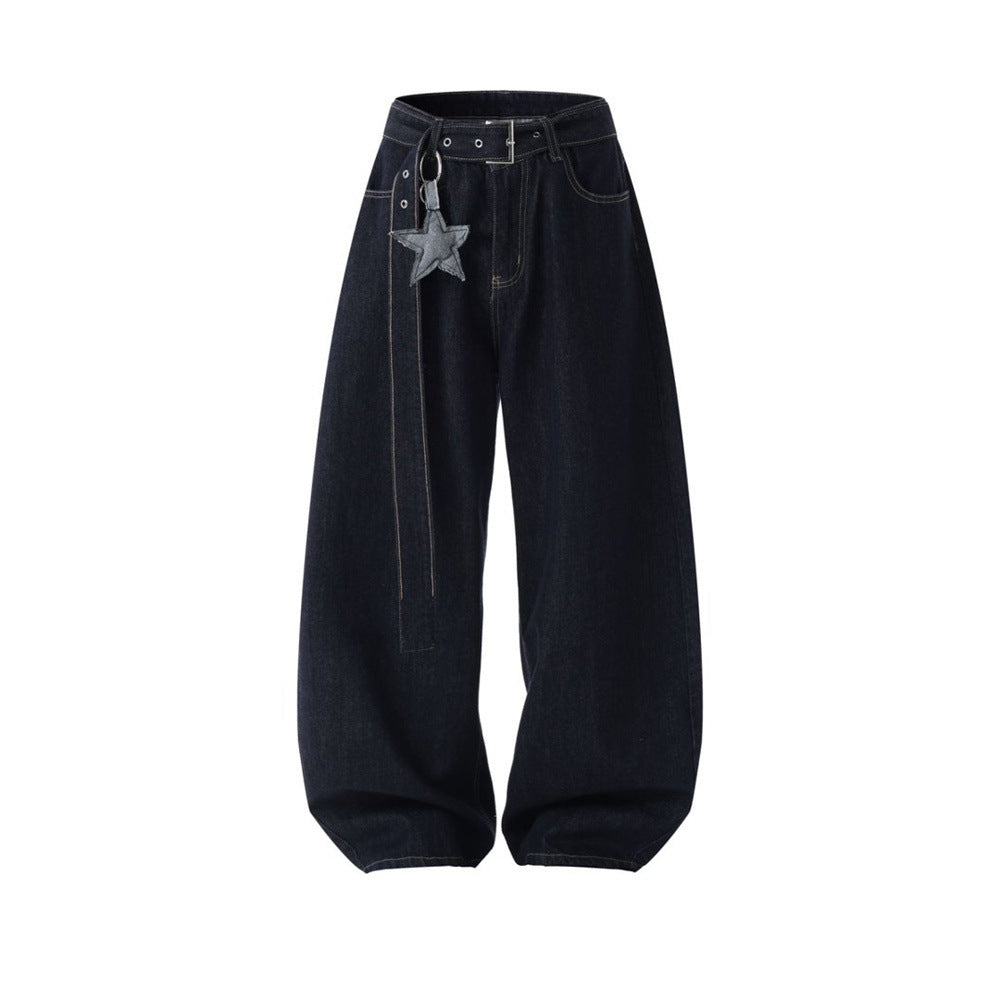 Wide-Leg Dark Indigo Jeans – Oversized Silhouette with Star Charm Belt &