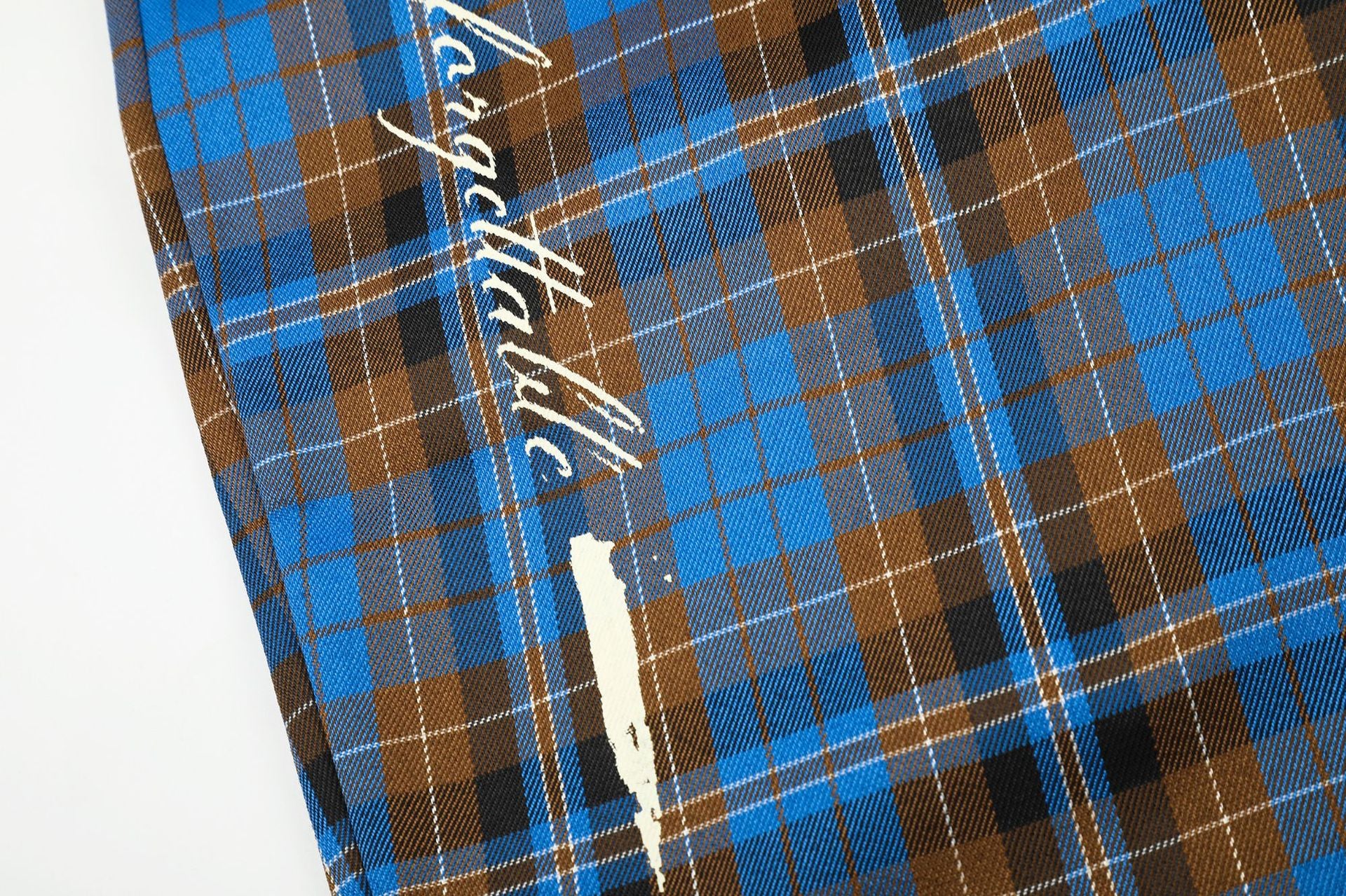 Wide-Leg Plaid Pants – Blue Tartan Baggy Fit with Crest Graphic & Drawstring Hem