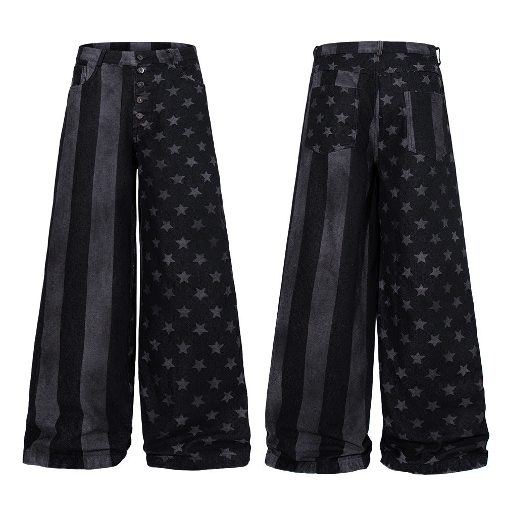 Wide-Leg Jeans with Stars & Stripes Print – Distressed Black Denim