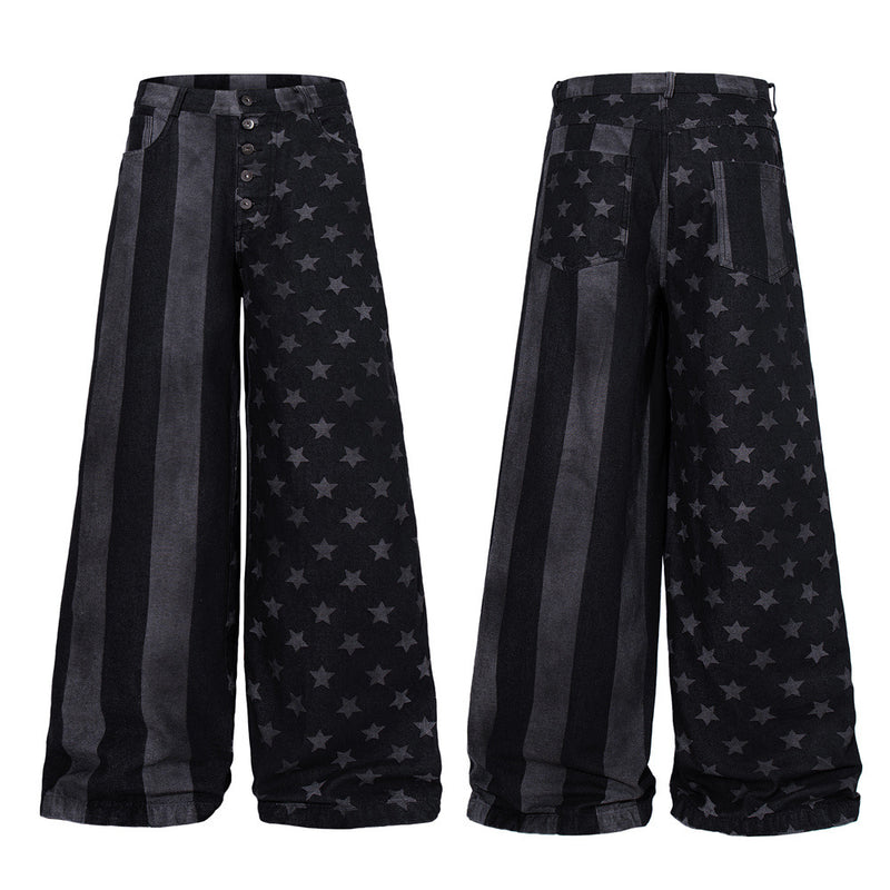 Wide-Leg Jeans with Stars & Stripes Print – Distressed Black Denim