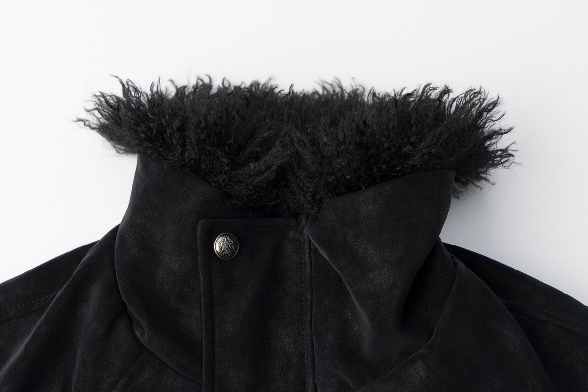 Fur Collar Bomber Jacket – Black Suede-Texture Padded Outerwear