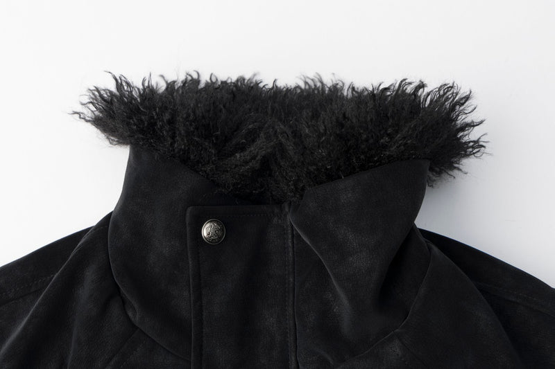 Fur Collar Bomber Jacket – Black Suede-Texture Padded Outerwear