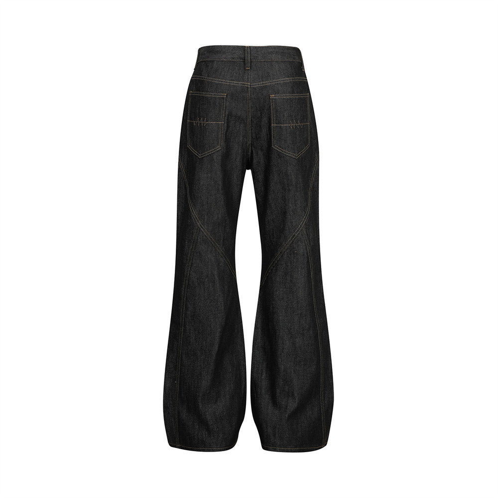 Raw Denim Flare Jeans with Diagonal Button Fly & Deconstructed Wide Leg