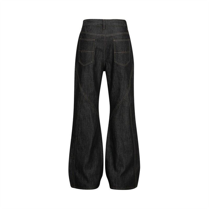 Raw Denim Flare Jeans with Diagonal Button Fly & Deconstructed Wide Leg