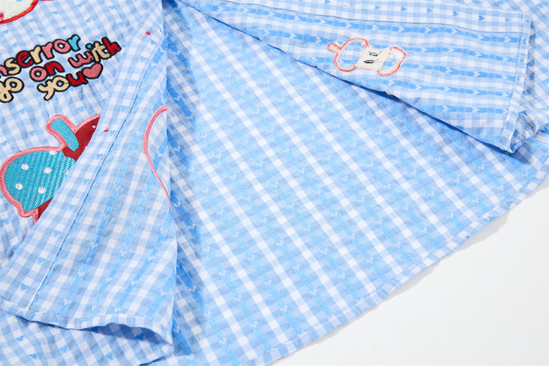 Langarmhemd mit Vichykaromuster und gesticktem Cartoon-Welpen – Relaxed Fit